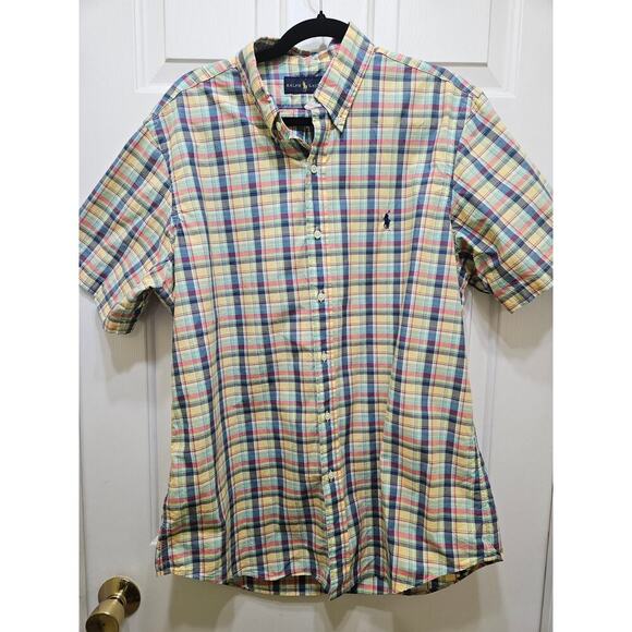 Ralph Lauren men's L cotton button up shirt, yellow multi plaid, preppy casual - Picture 1 of 7